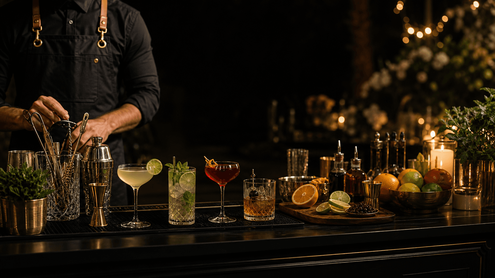 Solamada mobile bar setup with crafted cocktails, fresh garnishes, and professional bar tools